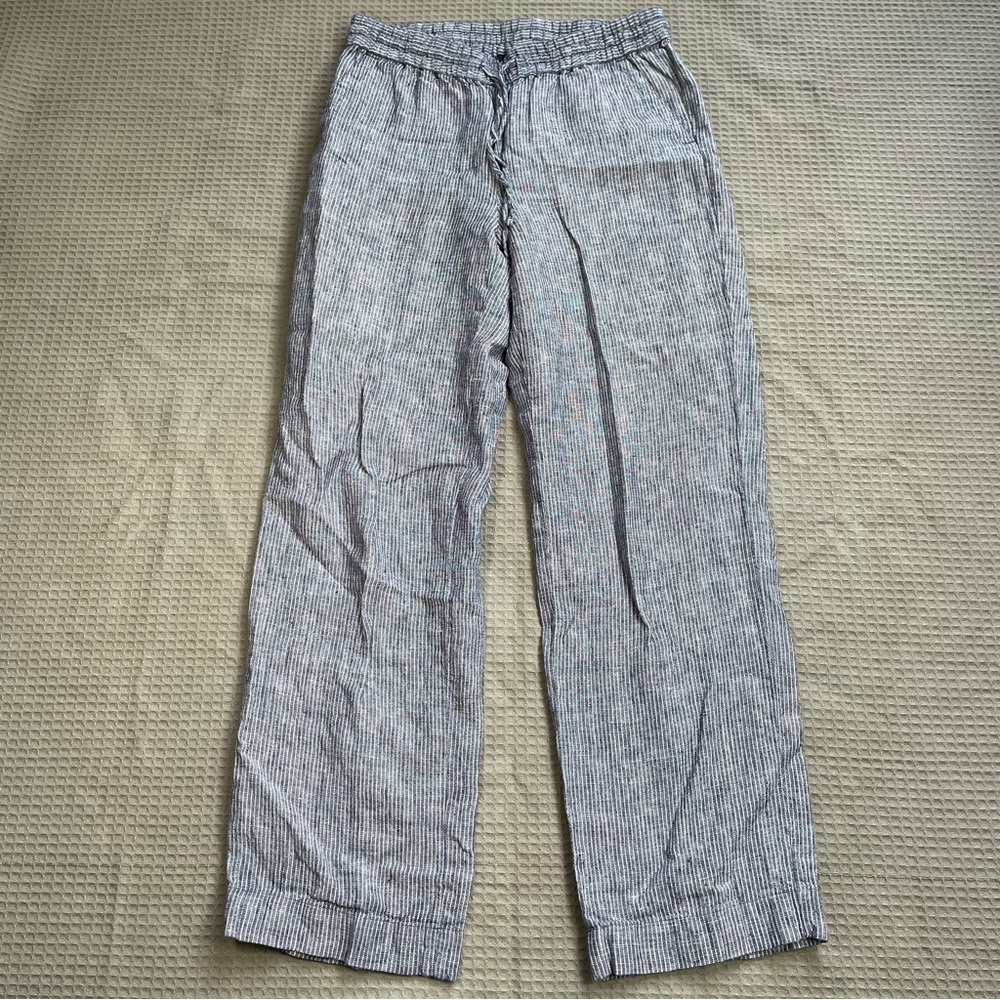 Talbots 100% Linen Pants 2P 2 Petite Blue White Pinstripe Pull On Coastal Resort